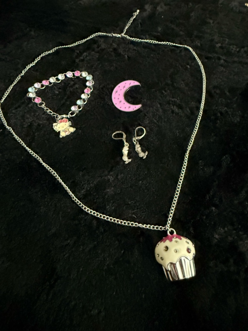 Curated 4 Pc Vintage Jewelry Set Hello Kitty Cupcake Moon Mermaid Silver Pink